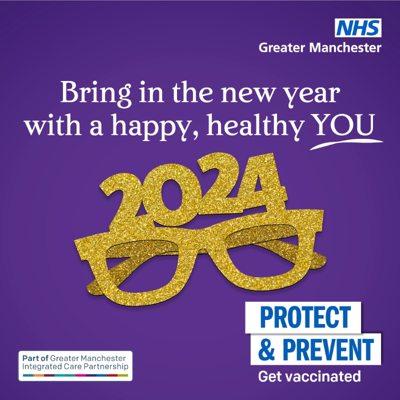 New Year 2024 party glasses on a purple background with the caption 'bring in the new year with a happy, healthy YOU'